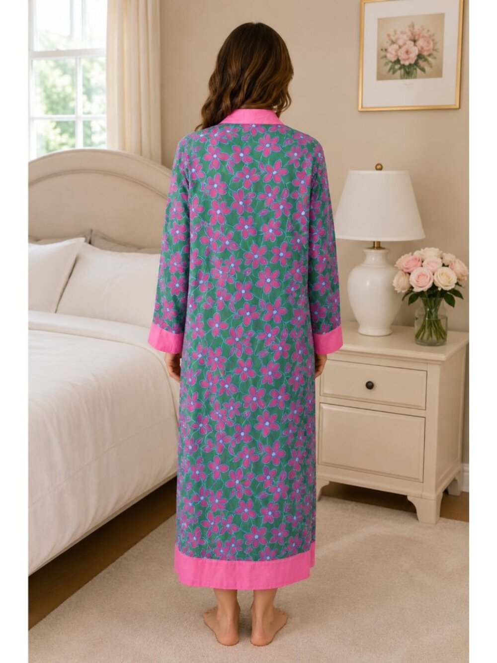Kate Spade Floral Green Pink Full Length Nightgown Lounge Dress SZ XL - Picture 4 of 9